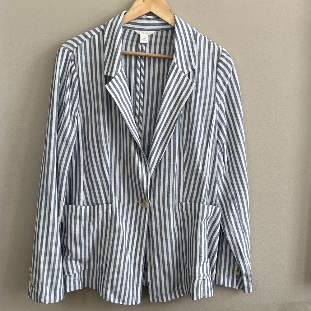 Caslon Brianne Stripe linen blend blue and ivory blazer size large new